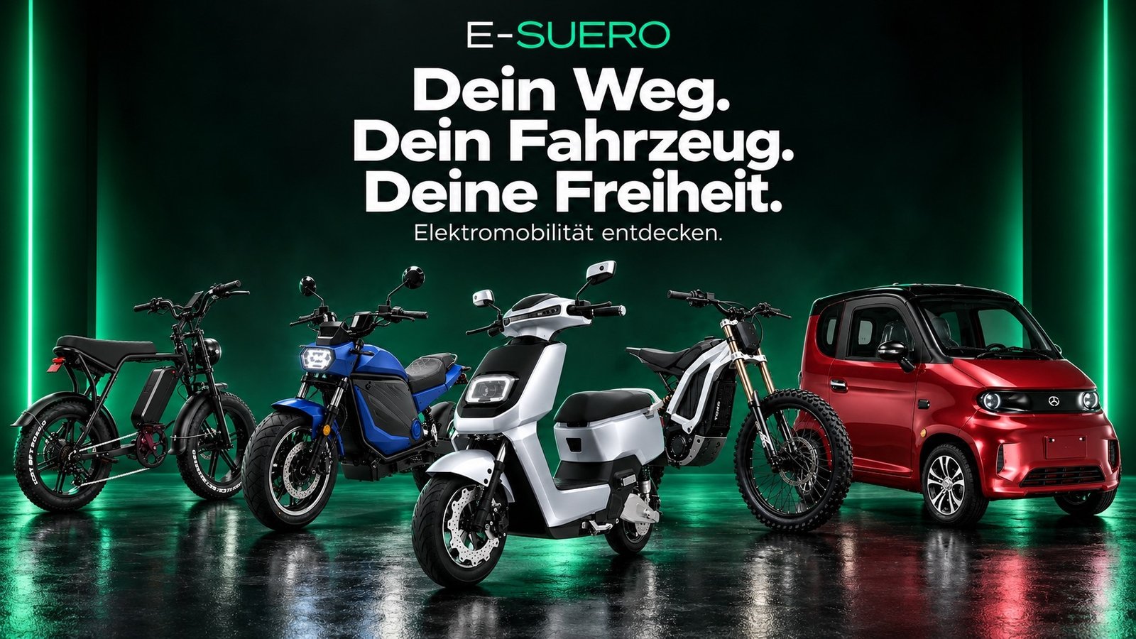 E-Suero Fahrzeugauswahl mit E-Bike, CityTwister, Next NX1, Offroad-Motorrad und NEXT ONE e-Minicar.