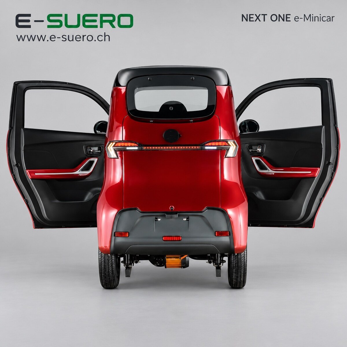 E-Suero NEXT ONE TSC e-Minicar 25 km/h Lithium Edition — Heckansicht mit geöffneten Türen